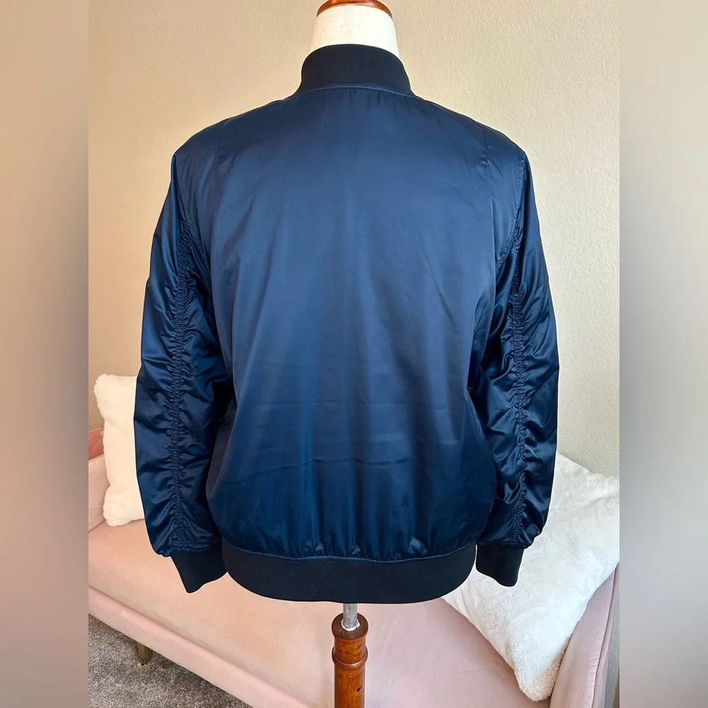 Tory Burch Bomber Jacket Deep Blue Sheen Tory Sport Zipper Pull Oversized Sz XS